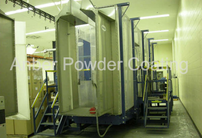 Powder spraying room with assistance stand